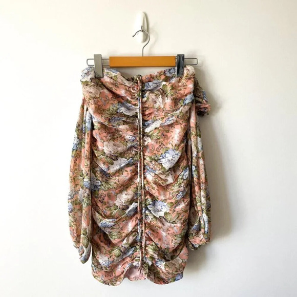 Hello Molly Basque Country Mini Dress Puff Long Sleeve Ruched Pink Green Size 2 - Picture 4 of 10